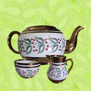 WADE Porcelain Tea Set MCM Vintage Bronze Red Green & White
